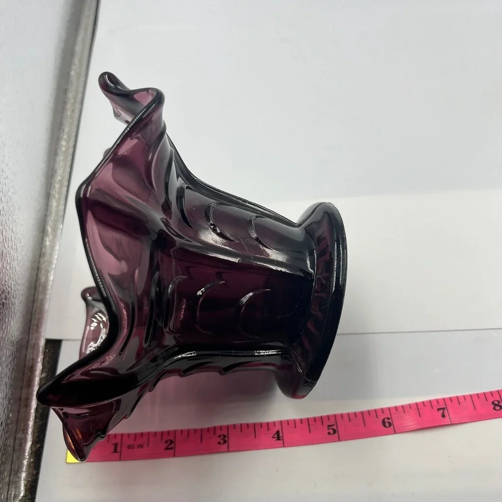 Vintage Amethyst Purple Glass Ruffled Handkerchief Pedestal Bowl Geometric Vase
